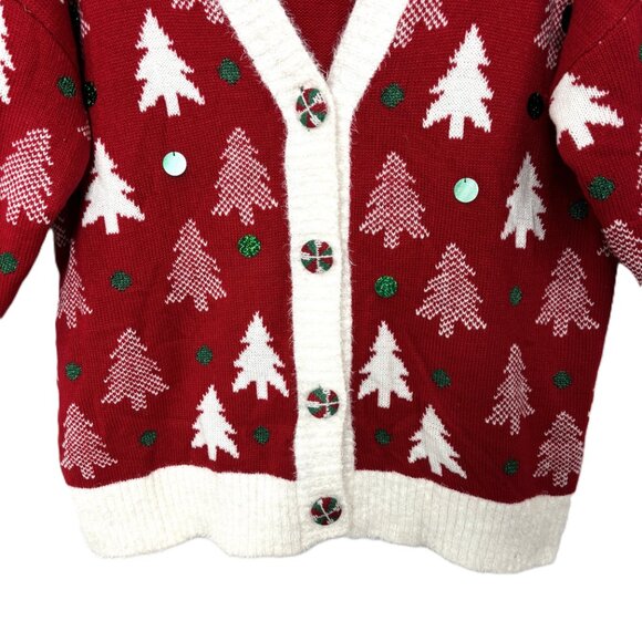 33 Degrees Cardigan Ugly Christmas Sweater w/ Christmas trees & spangles Large - Picture 4 of 16